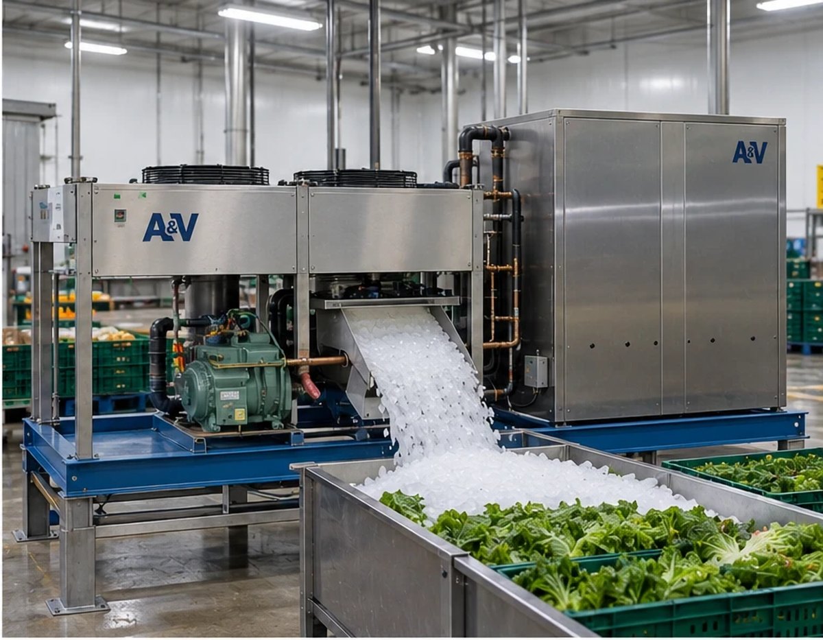 A&V Refrigeration industrial ice machine feeding crates of fresh produce