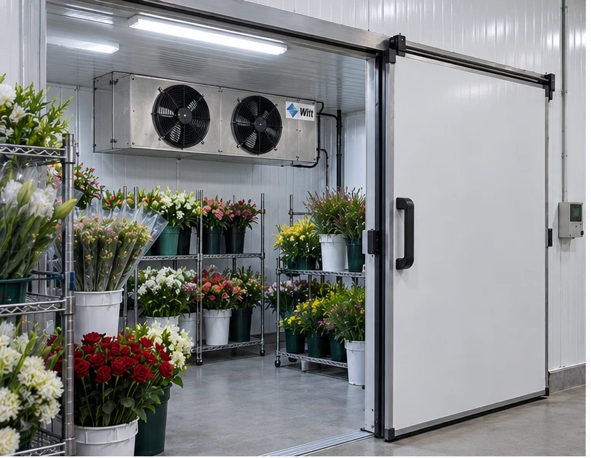 Floral cold room with insulated panels, sliding door and Witt unit cooler