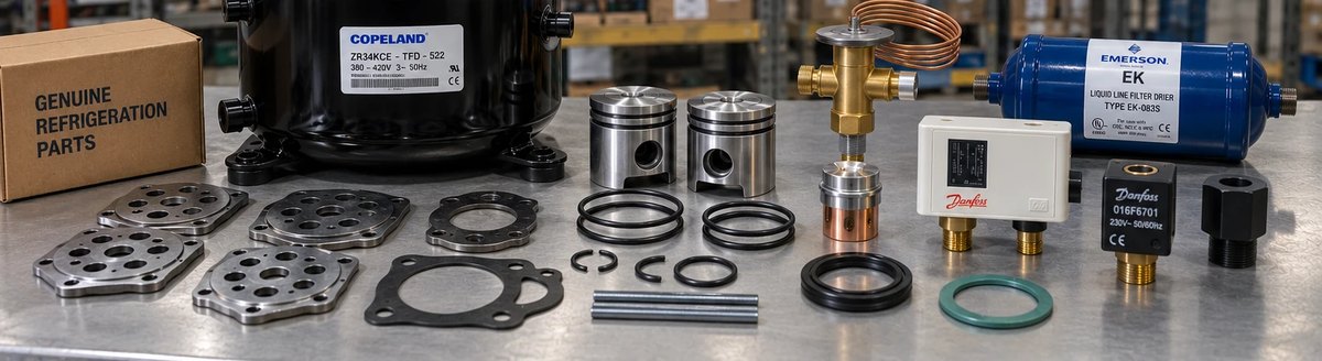 Genuine refrigeration parts: Copeland compressor, valve plates, pistons, Danfoss controls, Emerson filter drier